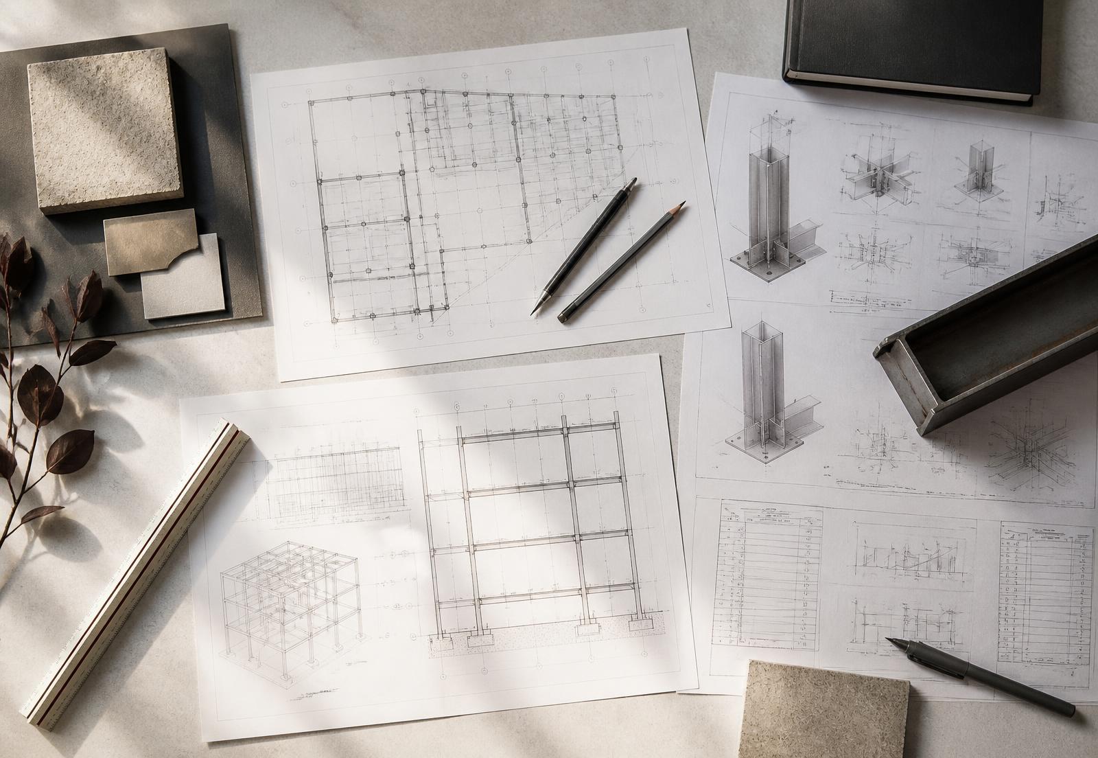 Architectural drawings, structural steel details and material samples on a desk