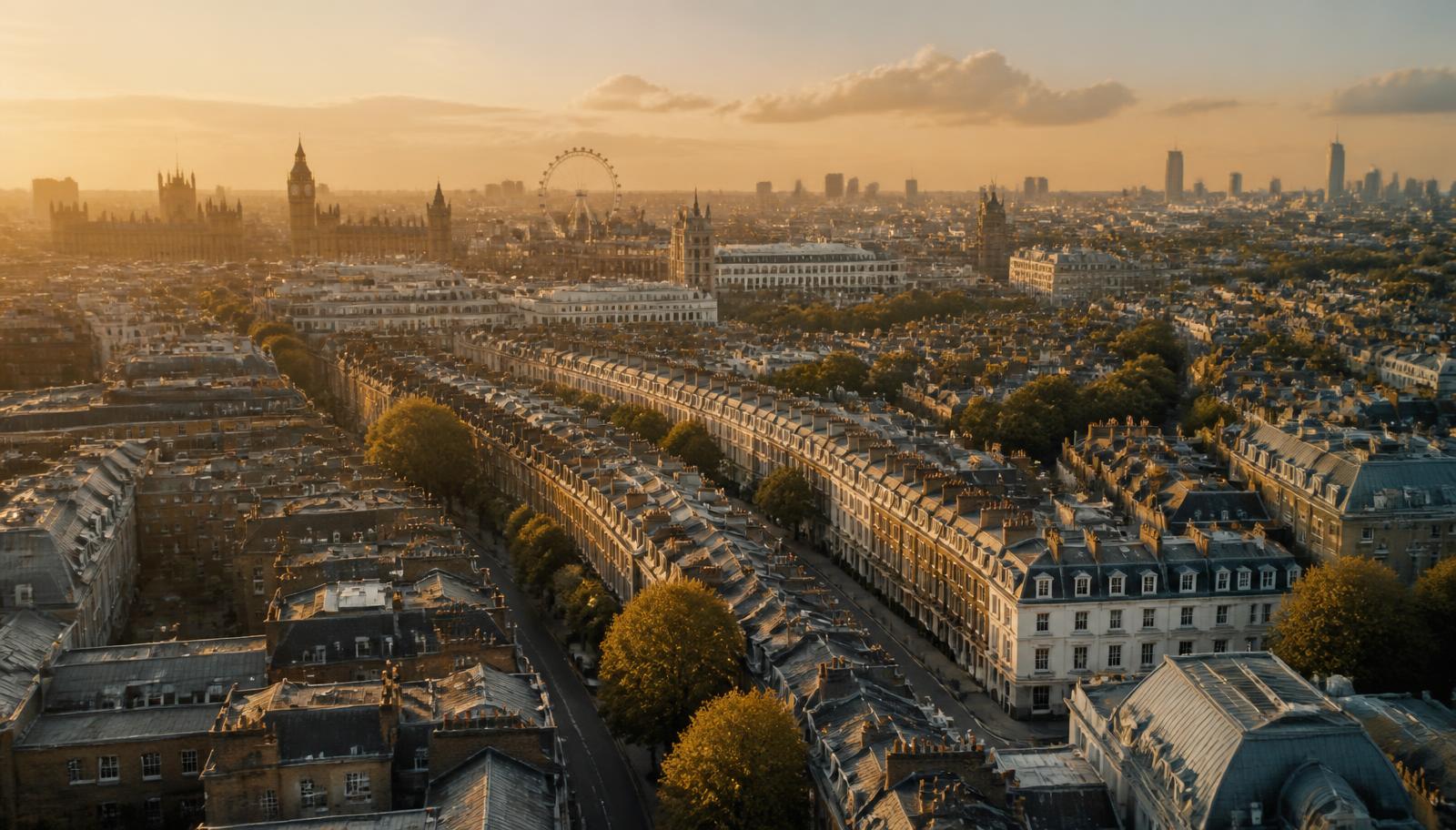 Aerial view of London terraced streets and rooftops at golden hour